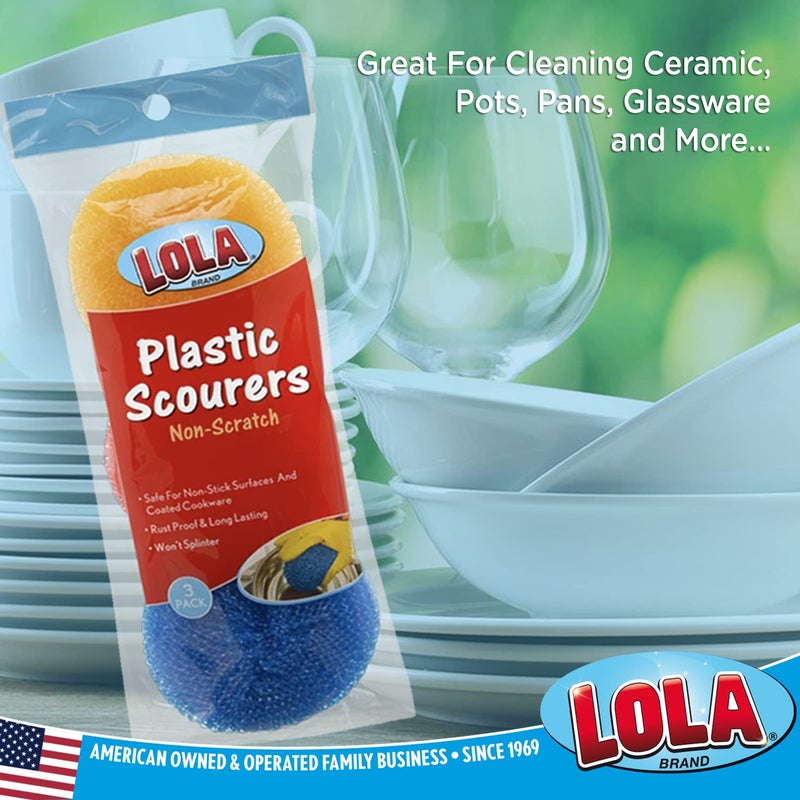 LOLA Plastic Mesh Scouring Pads - 3 Pack, 3.375" x 1.25", Non-Scratch Scrubbers to Clean Dishes, Assorted Colors - 1 Red, 1 Blue & 1 Yellow - Image 4